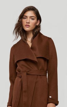 Brown Wool Coat With Double Button Closure, Cascade Collar, Elegant Double-breasted Belted Wool Coat, Chic Brown Wool Coat With Double-breasted Buttons, Fitted Brown Double-breasted Wool Coat, Solid Double-breasted Belted Wool Coat, Down Winter Coats, Wing Collar, Wool Winter Coat