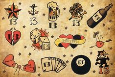 an old - fashioned tattoo design with lots of different tattoos