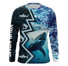 a long sleeve shirt with an image of a shark in the ocean