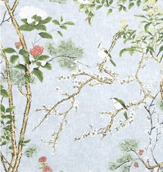 a blue wallpaper with birds and flowers on it