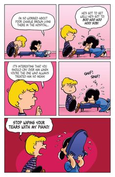 a comic strip with an image of a boy laying on the ground and talking to another person