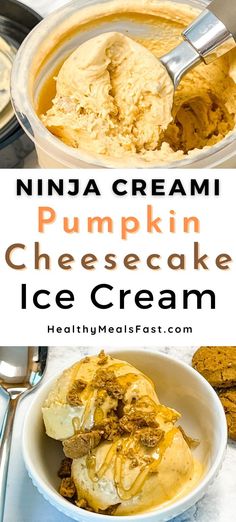 Text reads "Ninja CREAMi Pumpkin Cheesecake Ice Cream" along with pictures of homemade pumpkin cheesecake ice cream Cheesecake Ice Cream Ninja Creami, Pumpkin Cheesecake Ice Cream, Ice Cream Ninja Creami, Ice Cream Maker Recipes Healthy, Ninja Creami Recipe, Keto Pumpkin Cheesecake, Cheesecake Ice Cream Recipe, Ninja Ice Cream Recipe, Protein Ice Cream Recipe