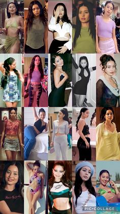 many different pictures of women in various outfits and hair styles, all showing their body shapes