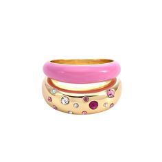 Our signature Bestseller two-band DESSERT RINGS get a REMIX treatment and come in three new decadent colors and available in US 5/6 and 6/7. Now you don't need to decide between colorful enamel or classic gold. White with Rainbow Crystals Baby Pink with Iridescent and Pink Crystals White with Gold Crystals Green with Gold Crystals Hot Pink with Gold Crystals Blue with Gold Crystals Rings are filled in 18K Gold and hand dipped in thick enamel on one band; and the other band features a mix of prem Crystals Rings, Crystals Green, Crystals Blue, Crystals White, Gold Crystals, Lucky Charm Necklace, Double Band Rings, Iridescent Crystal, Enamel Bangle