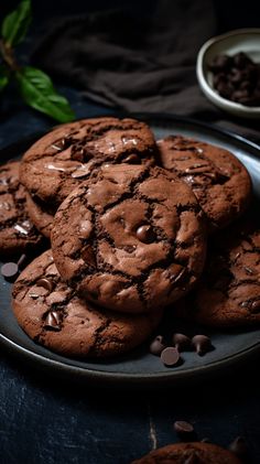 several chocolate cookies on a plate next to some chocolate chips