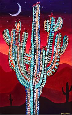 a painting of a cactus with the moon in the background