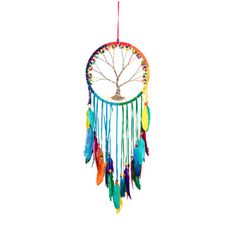 a colorful dream catcher with feathers hanging from it's side and a tree on top