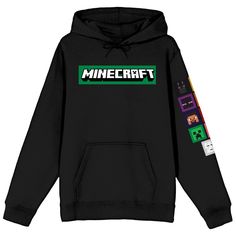 Unleash your inner gamer with this officially licensed Minecraft women's hoodie! Featuring the iconic logo on the front and pixel art on the sleeve, this black hoodie showcases your love for the beloved game. The attached hood adds a cozy touch while the 60% cotton, 40% polyester blend ensures comfort and durability. Perfect for chilly days or gaming nights, this hoodie keeps you stylishly warm. Machine washable for easy care, you can level up your wardrobe and dive into the world of Minecraft w Shop Minecraft, Minecraft Hoodie, Minecraft W, Minecraft Pixel Art, Hoodie Xxl, Graphic Hoodies, Black Hoodie, Pixel Art, Fitness Fashion