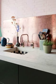 the kitchen counter is clean and ready to be used as a planter for flowers