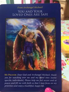 the back cover of an angel prayer card with words above it that read, you and your loved ones are safe