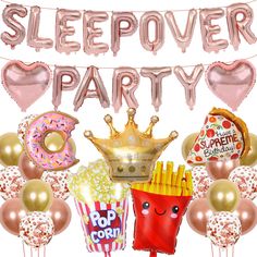 there are balloons, donuts, and other items for a sleepover party on this white background