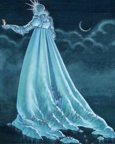 a painting of a woman in a blue dress holding a bird on her arm and flying through the night sky