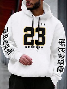 Men's Letter Printed Fleece Hoodie With Drawstring, Character, Going Out, Boyfriend Gift, Back To School Clothes, Sweat Shirt White Casual  Long Sleeve Fabric Letter  Slight Stretch  Men Clothing, size features are:Bust: ,Length: ,Sleeve Length: Mens Hoodie Outfit, Off White Hoodie Men, Black And White Hoodies, Mens Winter Fashion Outfits, Hype Clothing, Stylish Hoodies, Mens Hoodies, Mens Fashion Casual Outfits, Cool Outfits For Men