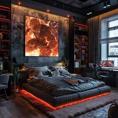 a bedroom with a large painting on the wall and a bed in front of it