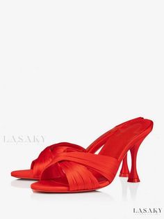 Lasaky - Red Round Toe Criss Cross Womens Heel Sandals with Goblet Heel Mules Red Sandals Heels, Heel Sandals For Women, Christian Louboutin Sandals, Red Louboutin, Crystal Sandals, Elegant Heels, Heel Mules, Leather Platform Sandals, Round Toe Heels