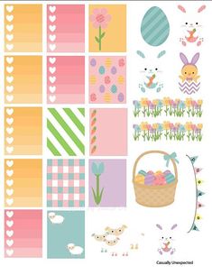 an easter themed planner sticker sheet with bunny, eggs and flowers in the background