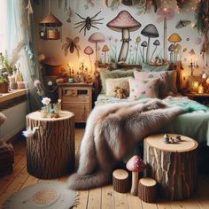 a bedroom with mushrooms and other decorations on the wall, including a bed covered in fur