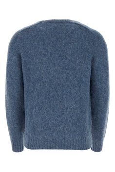 Melange Blue Wool Shaggy Sweater from The Harmony Blue Wool Outerwear With Ribbed Collar, Blue Wool Tops With Ribbed Cuffs, Shaggy Sweater, Officine Creative, Burberry Hat, Scarf Tying, Engineered Garments, Blue Wool, Beautiful Shoes