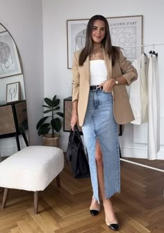 Long Denim Skirt Outfit, Jean Skirt Outfits, Tight Dress Outfit, Classic Style Outfits, Maxi Skirt Outfits