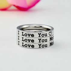 This listing is for ONE stainless steel band ring, please select one of the 3 sayings: I Love You I Love You More I Love You Most Select and add the rings to the cart one by one to make a combination order. Mother Daughter Forever Sisters, Best Friends, Family Love Gift. Materials & Features: This ring is made of high quality hand polished solid stainless steel, which is hypoallergenic (good for metal-sensitive skin). Stainless steel will not tarnish, its luster and durability will make it last Sisters Best Friends, Stacking Bands, Sister Friends, Wide Ring, Fade Out, Wide Rings, Stainless Steel Band, Family Love, Love You More