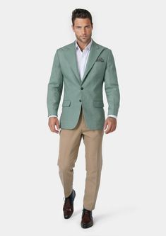 Be the center of attention in this fashionable Hudson Jade Green Linen Jacket. Made with 100% linen, it's perfect for those warm, breezy summer days while making a bold statement. Unique and stylish, this custom jacket is sure to turn heads! Green Linen Outerwear With Notch Lapel, Spring Linen Sport Coat, Spring Linen Sport Coat With Pockets, Tailored Long Sleeve Summer Outerwear, Tailored Long Sleeve Linen Sport Coat, Tailored Linen Sport Coat With Long Sleeves, Summer Cotton Outerwear For Business Casual, Spring Linen Sport Coat With Notch Lapel, Spring Cotton Sport Coat With Lapel Collar