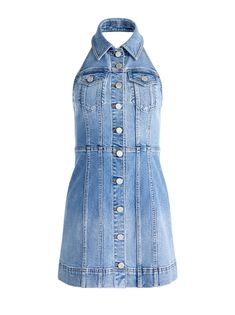 Shop Alice And Olivia's Kendall Denim Halter Mini Dres In Ivy Blue. See Our Entire Collection Of Mini. Enjoy Free Shipping And Returns On All Orders At Aliceandolivia.com. Fitted Denim Dress, Thanksgiving Fashion, Jumpsuit And Blazer, Airport Fashion, Halter Mini Dress, Denim Mini Dress, Feminine Aesthetic, Clothing Essentials, Sweater Sale