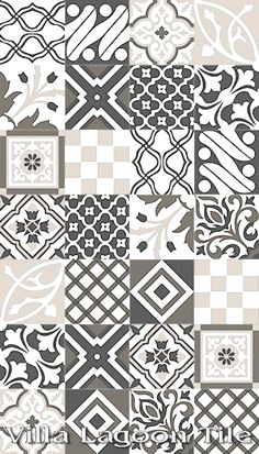 a gray and white checkered pattern with different designs on the sides, all in squares