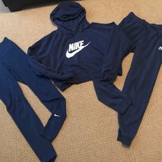 Navy Blue, Three Piece Nike Set. Nike Cropped Hoodie Is Size Extra Large. Nike Sweatpants Are Size Extra Small. Nike Leggings Are Size Extra Small. All Navy Blue Nike Cropped Hoodie, Nike Set, Nike Sweatpants, Nike Leggings, Nike Pants, Cropped Hoodie, Track Pants, Jumpsuits For Women, Nike Women