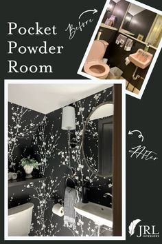 a black and white bathroom with flowers on the wall next to it is an advertisement for pocket powder room