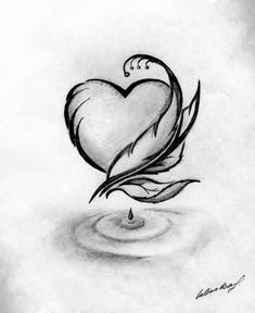 a drawing of a heart with leaves and water drops on the ground in front of it