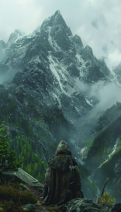 a person sitting on top of a mountain looking at the snow covered mountains in the distance