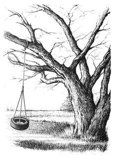 a drawing of a swing hanging from a tree