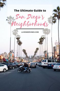 the ultimate guide to san diego's neighborhood with palm trees in the background and text overlay that reads, the ultimate guide to san diego's neighborhood