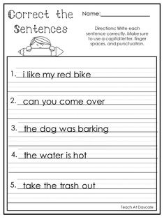 worksheet to teach children how to write sentences