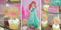 the cupcakes are decorated with princesses and other decorations on display at this birthday party