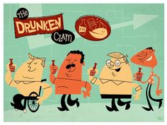 three cartoon characters, one with a bicycle and the other holding beer