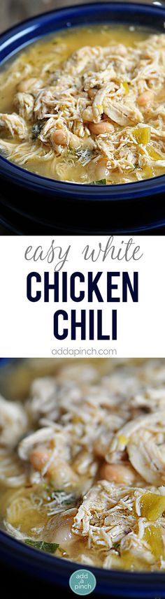 two pictures of chicken chili in blue bowls with text overlay that reads easy white chicken chili