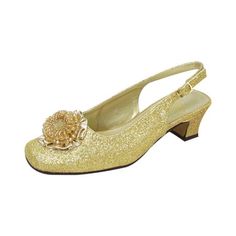 Floral Dara women's extra wide width evening dress pump will complete that polished look . This elegant ladies 1.5 inch low heel sling back accented with a decorative metallic beaded bow on toe cap and an all metallic glitter body creates a style and look that is eye catching unique for that special occasion. **About Manufacturer** Footwear International Corporation (FootwearUS), located in Fairfield NJ, began its manufacturing and wholesale operations in 1977 and has since continued to supply q Elegant Slingback Pumps For Party And Holiday, Holiday Evening Slingback Pumps, Elegant Holiday Slingback Pumps For Formal Occasions, Elegant Glitter Slingback Pumps For Formal Occasions, Gold Slingback Pumps With 4-inch Heel For Party, Luxury Gold-tone Hardware Slingback Pumps For Formal Occasions, Gold Kitten Heels With 4-inch Heel For Summer, Gold Slingback Pumps With 4-inch Heel, Beaded Bow