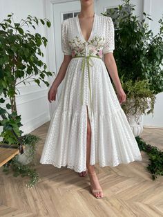 Rosette Ivy Fields Dress | Teuta Matoshi Fitted V-neck Eyelet Dress, Fitted V-neck Midi Dress With Broderie Anglaise, Fitted Midi Dress With Broderie Anglaise For Garden Party, White V-neck Broderie Anglaise Midi Dress, White V-neck Midi Dress With Broderie Anglaise, Cottagecore White Dress, Matoshi Dress, Green Velvet Ribbon, Teuta Matoshi