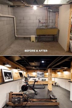 before and after photos of an unfinished basement