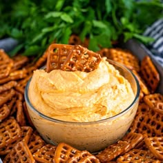 a bowl filled with hummus and pretzels on top of some crackers