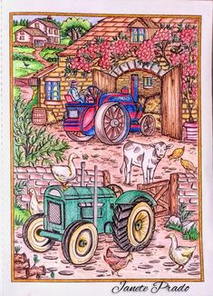 a drawing of an old tractor and farm animals