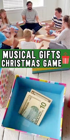 a group of kids sitting around a table with money in a gift box and the words musical gifts for christmas game