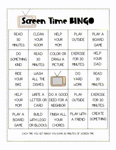 the screen time bingo game is shown in black and white