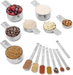 seven measuring spoons with different types of food in them