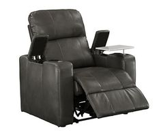 a black recliner chair with a tray on it's arm and footrests