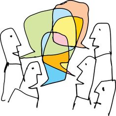 an abstract drawing of three people standing in front of each other with one person holding the other's hand