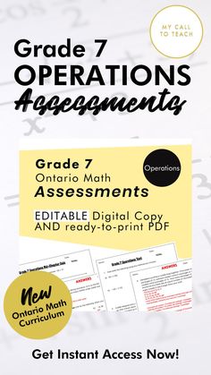 Grade 7 operations assessments that are in alignment with the new Ontario math curriculum. Get instant access now via My Call To Teach! Grade 6 Math, Math Operations, Lesson Planning, Grade 6, Math Curriculum