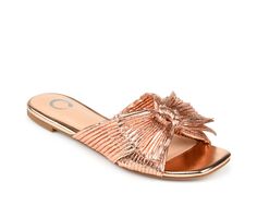 Let your style shine in the Serlina by Journee Collection. Metallic fabric and a pleated bow top this backless sandal. An open-toe and a comfortable 4 mm Tru Comfort Foam™ insole perfect this bold design. Tru Comfort Foam™ Pleated Metallic Material, Bow Detail, Slide Style, Open Square Toe. Man-made upper, Slip-on for easy entry,1/2 sole height, Open toe, Tru Comfort Foam™ insole for added comfort, Man-made synthetic outsole | Women's Journee Collection Serlina Sandals in Rose Gold Size 7.5 Medi Low Block Heel Sandal, Wide Width Sandals, Bow Top, Platform Block Heels, Open Toed Heels, Block Heel Sandals, Metallic Fabric, Open Toe Shoes, Buckle Shoes