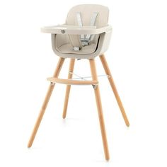 a baby high chair with wooden legs and white seat, in front of a white background